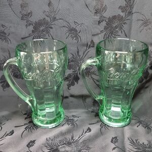 2 Coke Coca-Cola Libbey Glasses Green Clear Vintage 14oz 6.25" Handle